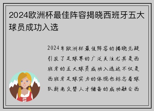 2024欧洲杯最佳阵容揭晓西班牙五大球员成功入选